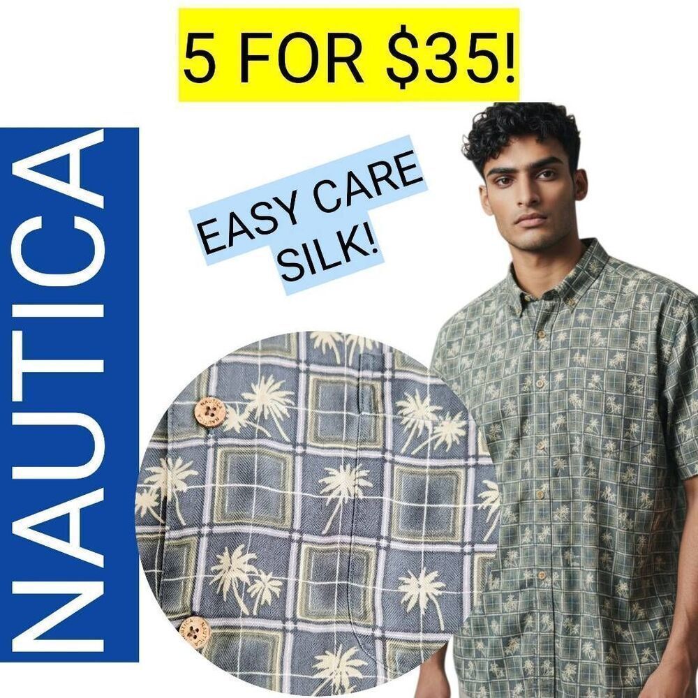 Nautica Green Easy Care Silk Hawaiian Checkered Short Sleeve Shirt Sale 5 for 35